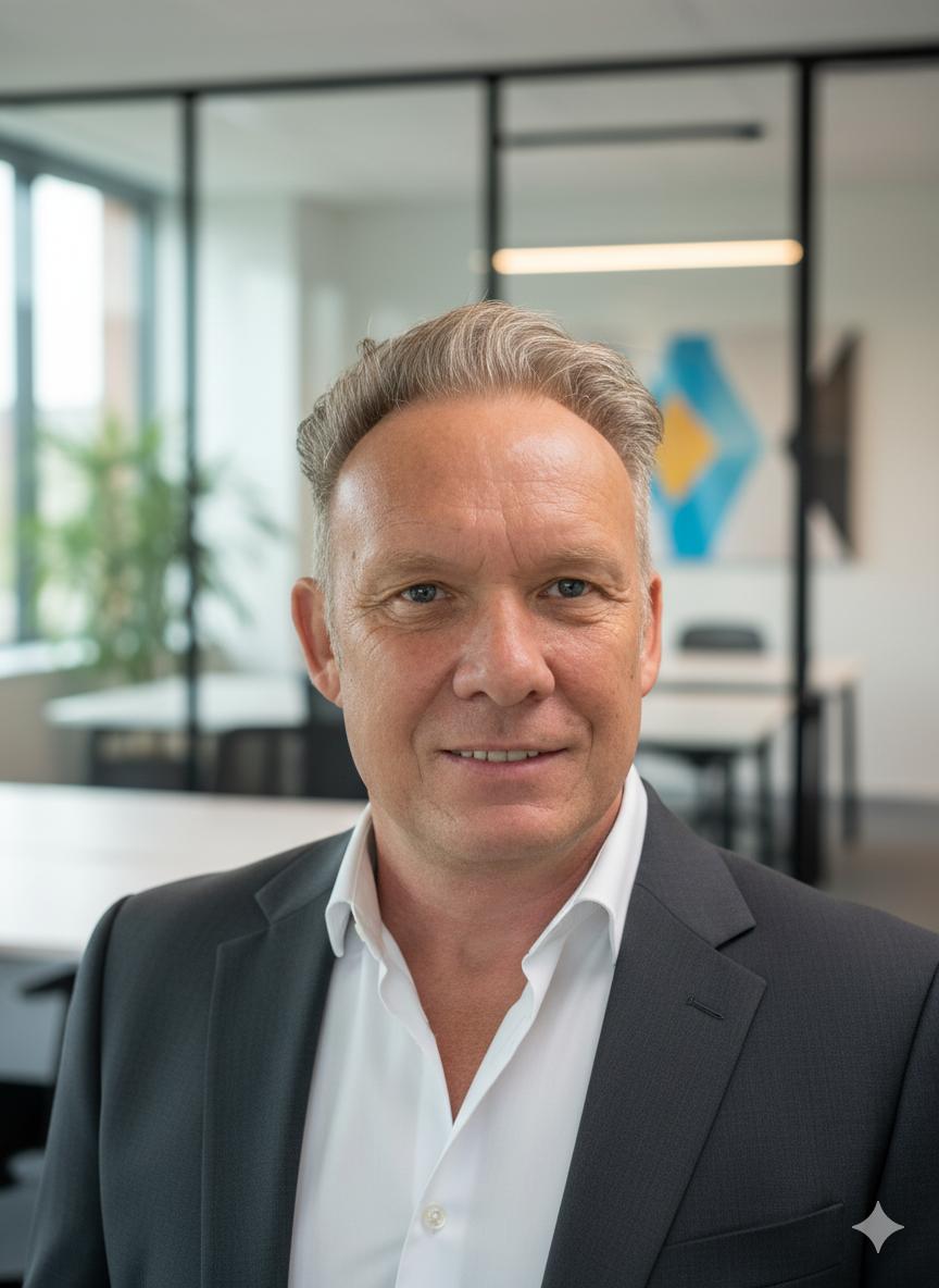 Marc Herbaut, English tutor and coach with 45 years of experience in Canada, wearing professional grey blazer in modern office setting