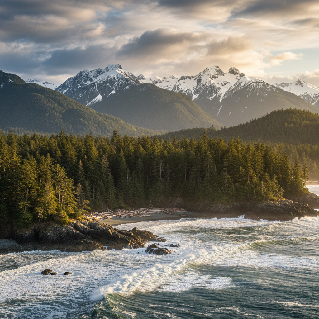 Vancouver West Coast — rocky shoreline with Pacific Ocean, evergreen forest and snow-capped Coast Mountains, British Columbia, Canada